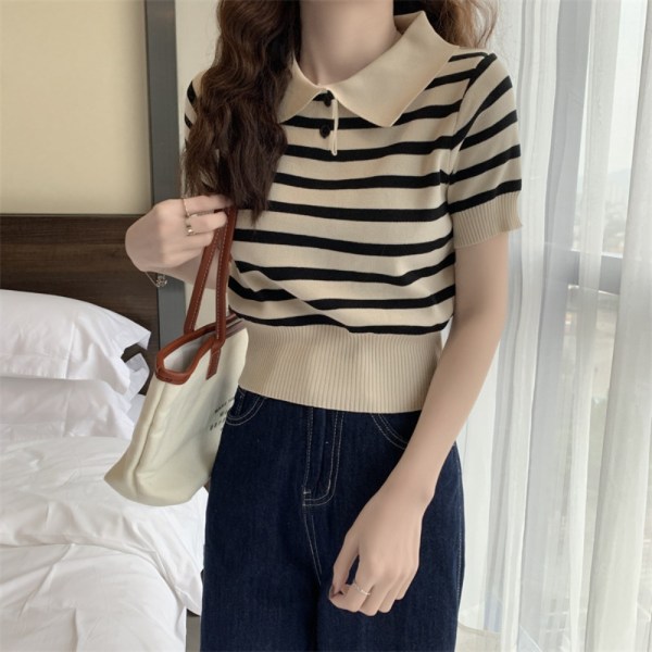 Strikket Stripe T-shirt Kort Top KAFFE Coffee