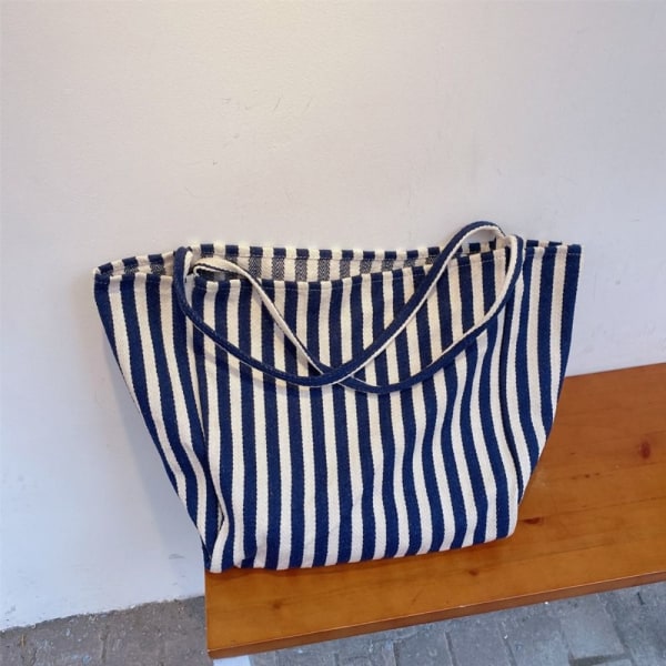 Stripe Canvas Tote Bag Enkel skuldertaske BLÅ blue