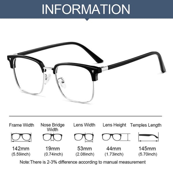 Firkantede briller med anti-blåt lys, SORT SØLV SORT Black silver