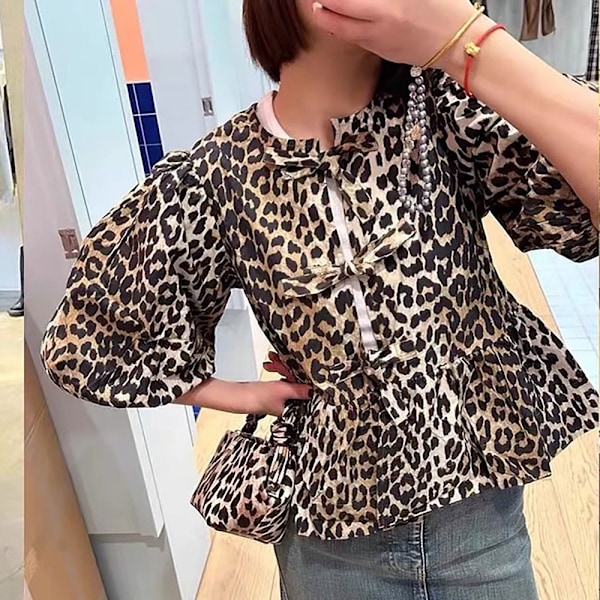 Leopard Print Skjorta Kortärmade Toppar LEOPARD PRINT XL Leopard Print XL