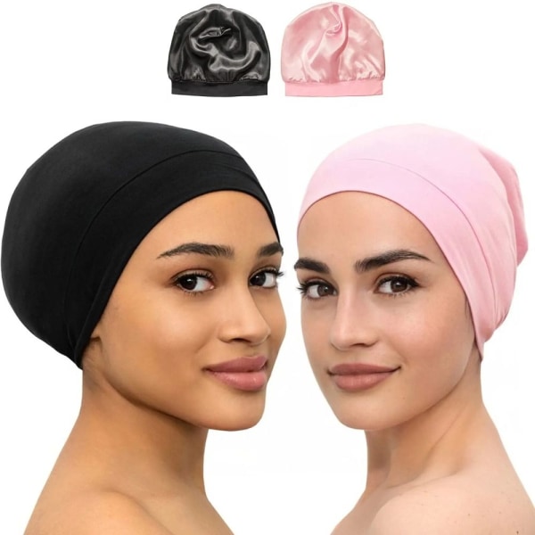 Blødt stretch satin motorhjelm foret sovebeanie hat SORT black