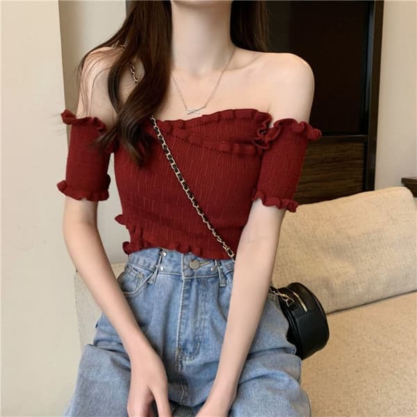 Off-shoulder bluser One-line skulder hals HVID white