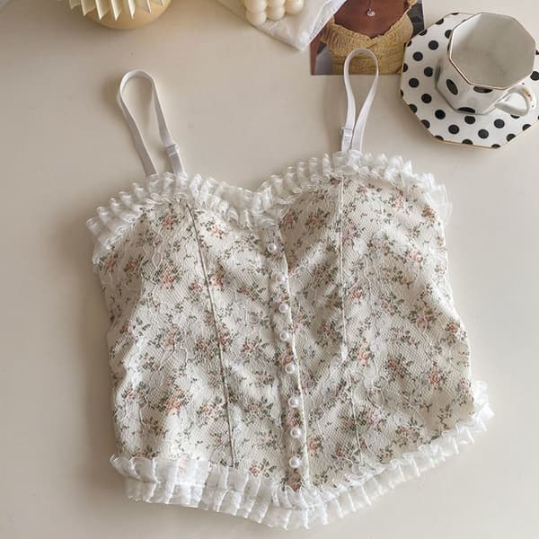 Blondeblomstret Camisole Crop Tank Topper HVIT white