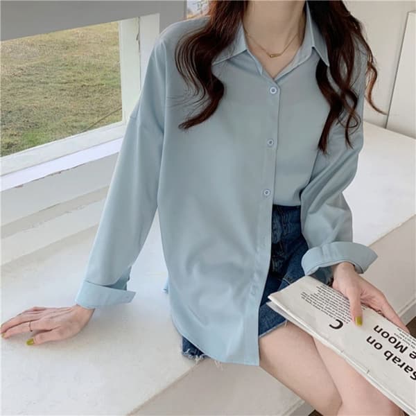 Langermet bluse dame skjorte BLÅ L Blue L