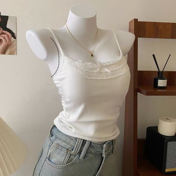 V-ringad Slim Tank Topp med Spetskant VIT White