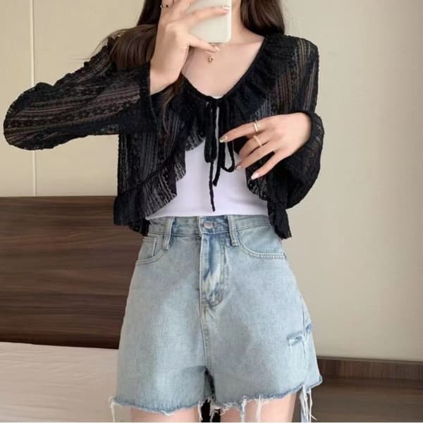 Kort Cardigan Chiffon Skjorte SORT S Black S