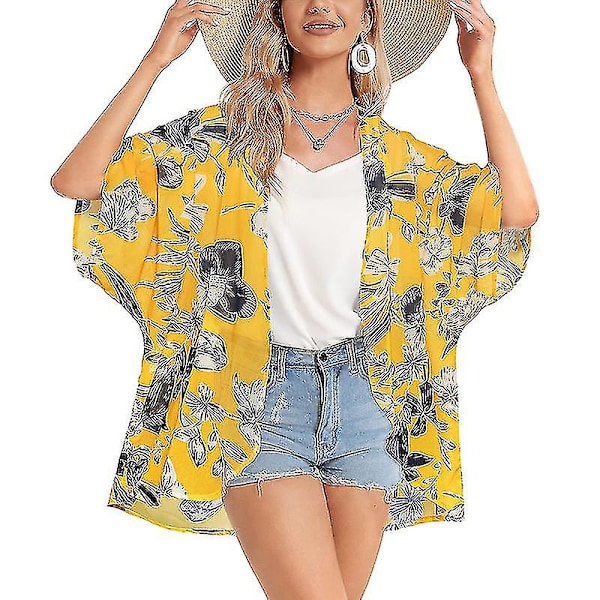 Tflycq Kvinnor Floral Print Chiffong Toppar Casual Sommar Kimono Cardigan Halv Ärm Täckning Up