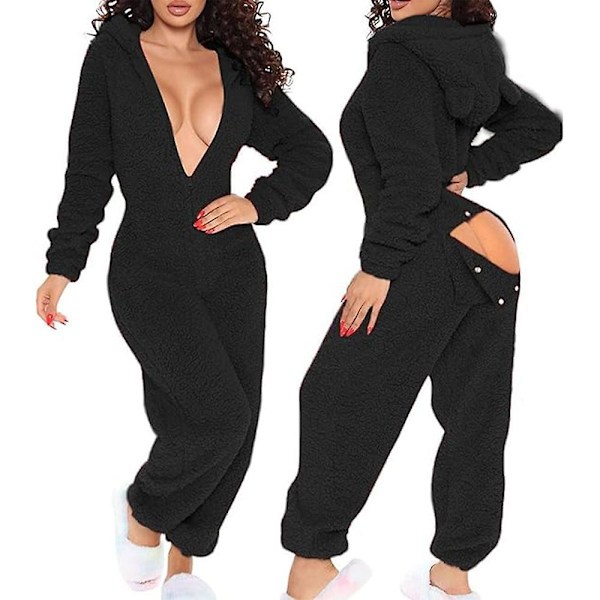 Kvinnors Sexig Djup V-ringad Bodycon Jumpsuit Pyjamas Långärmad Romper Nattkläder Blå M Black M