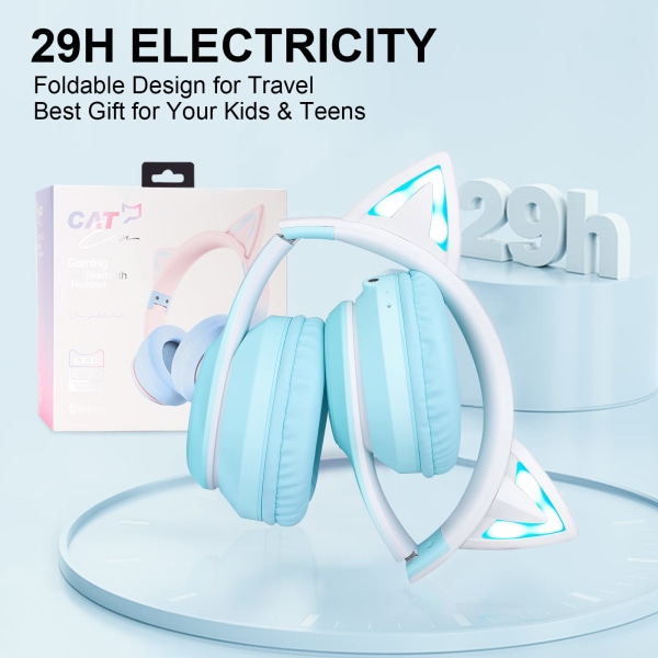 Cat Ear Kids Bluetooth -hörlurar för flickor för skolan, hopfällbara trådbundna spelheadset med mikrofon och 3,5 mm jack justerbart pannband pink