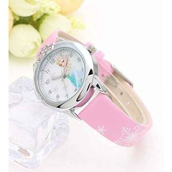Rosa barnklocka med läderrem, mönster: frostad, ELSA helt frostad, klockarmband, klockarmband