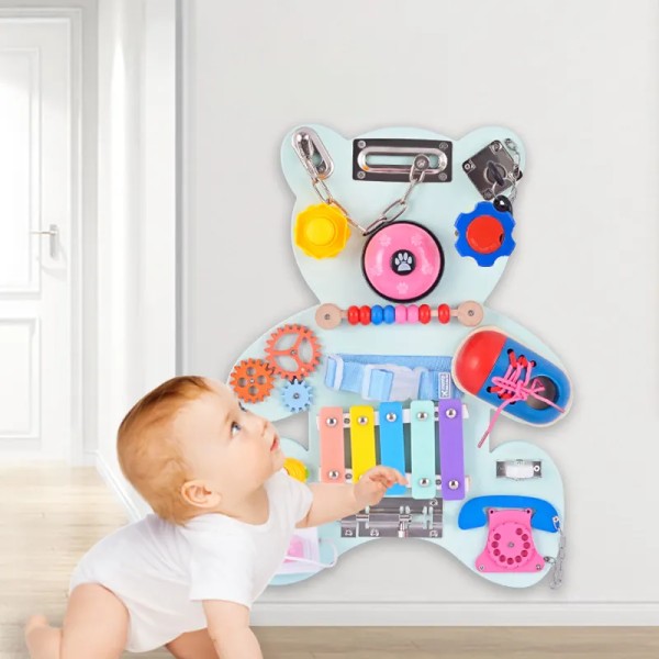 Toddler Montessori Activity Board Barn Sensoriska Pedagogiska inlärningsleksaker Träbjörn Busy Board