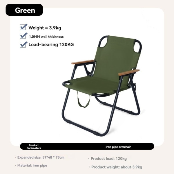 Lätt hopfällbar uteplats och gräsmatta campingstol - slitstark stålstol med metallram - hopfällbar utemöbler, grön