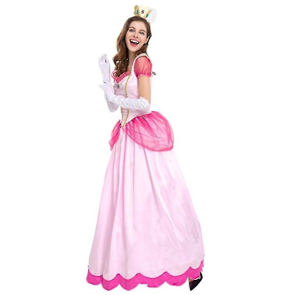 Super Mario Peach Cosplay Kostym Rosa Prinsessklänning + Handskar + Huvudbonad Outfit Set Karneval Party M S