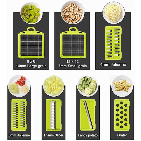 Grönsaks- och fruktskärare, multifunktionell med utbytbara blad, ostriver, tomat, fruktsallad
