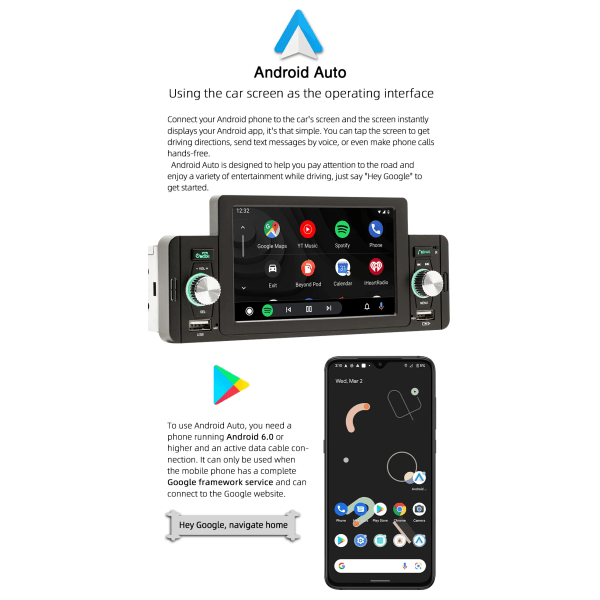 Ny 5" HD-skärm 1Din Bil Mp5-spelare Android Auto + Carplay Bilstereo Radio RCA Audio FM BT 5.1 Backhjälp Spegellänk