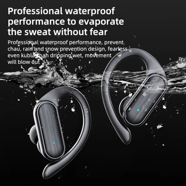 Trådlös brusreducering hängande 3D Surround Sound-hörlurar, vattentäta Bluetooth öppna öronsnäckor för cykling och löpning (svart)