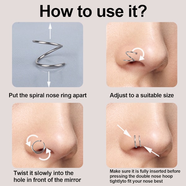 Dubbla näsringar, 5 st spiralnäsringar, näsborrarsmycken i rostfritt stål, Twist Spiral näsbåge 8 mm, näsläppring Helix Tragus örhängen, lämplig