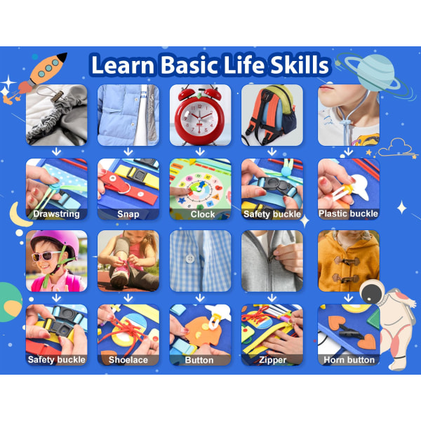 14-sidors Busy Board Toddler Montessori-leksaker Sensory Board Utbildningsaktiviteter Lära sig finmotorik Upptagen Book-Blue