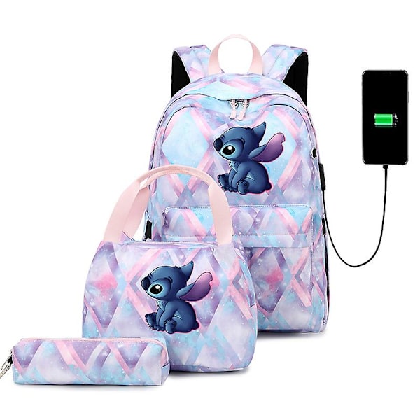 3 st Lilo Stitch Ryggsäckar Pojkar Flickor USB Laddning Skolväska Mochila Tonåring Män Kvinnor Resa Casual Ryggsäckar Set 023