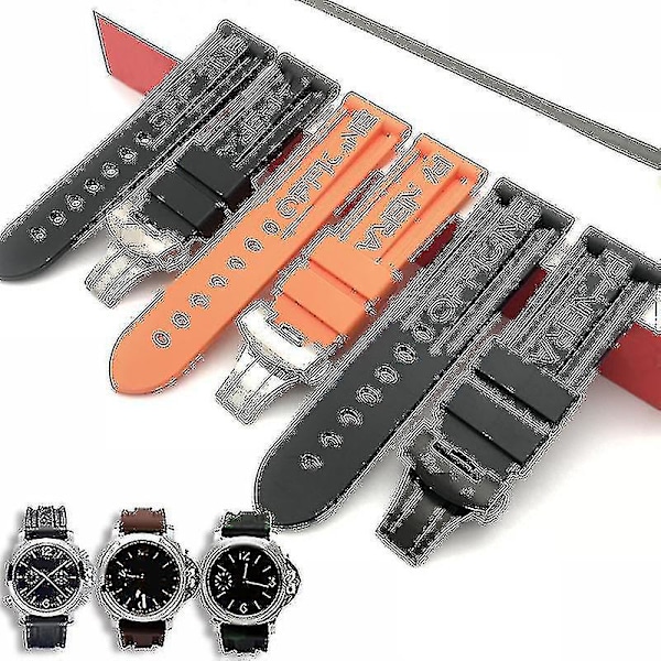 Svart Silikon Gummi Gummi Butterfly Buckle Watch Rem Ersättning För Panerai - Stål Spänne Watch Band Verktygt 24