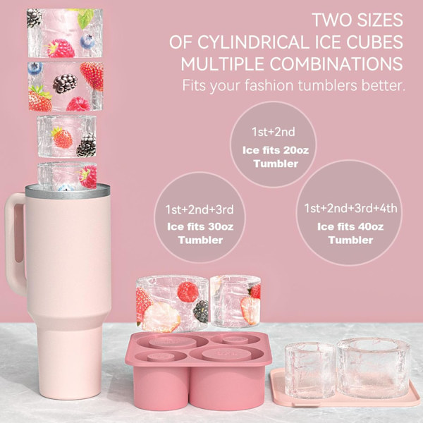 Silikonisform med lock för Stanley Cup, Tumbler isform, Cylinder silikonisformar för frys BPA-fri, Diskmaskinssäker (Grå) Pink