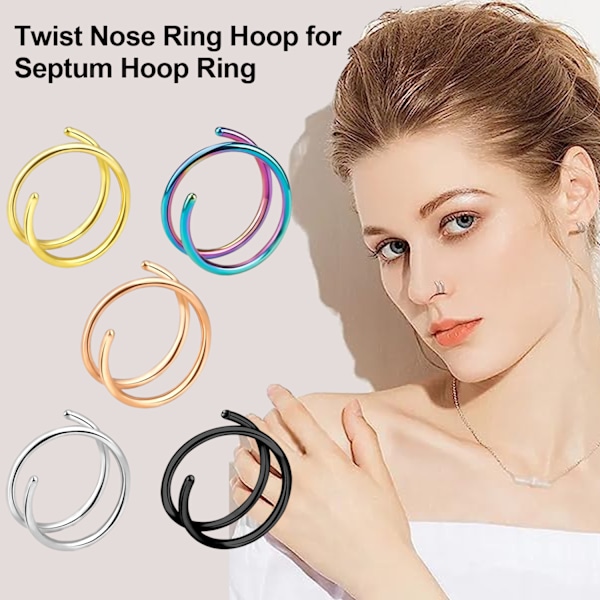 Dubbla näsringar, 5 st spiralnäsringar, näsborrarsmycken i rostfritt stål, Twist Spiral näsbåge 8 mm, näsläppring Helix Tragus örhängen, lämplig