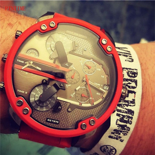 All-Match Mode Stilig Cool Style Oversized Stor Urtavla Dubbla Insatser Gummibelagd stålbälte Quartz Watch Röd Red Tape Watch