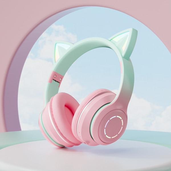 Cat Ear Kids Bluetooth -hörlurar för flickor för skolan, hopfällbara trådbundna spelheadset med mikrofon och 3,5 mm jack justerbart pannband pink