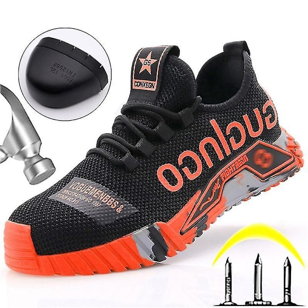 Arbetssneakers med Ståltå, Herr Säkerhetsskor, Punkteringssäkra Arbetsskor, Stövlar, Mode Inde Black 42 Orange 38