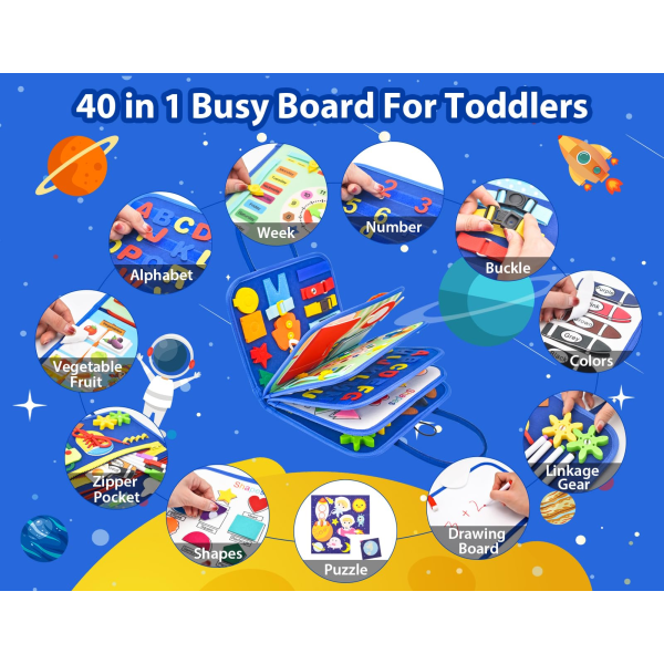 14-sidors Busy Board Toddler Montessori-leksaker Sensory Board Utbildningsaktiviteter Lära sig finmotorik Upptagen Book-Blue