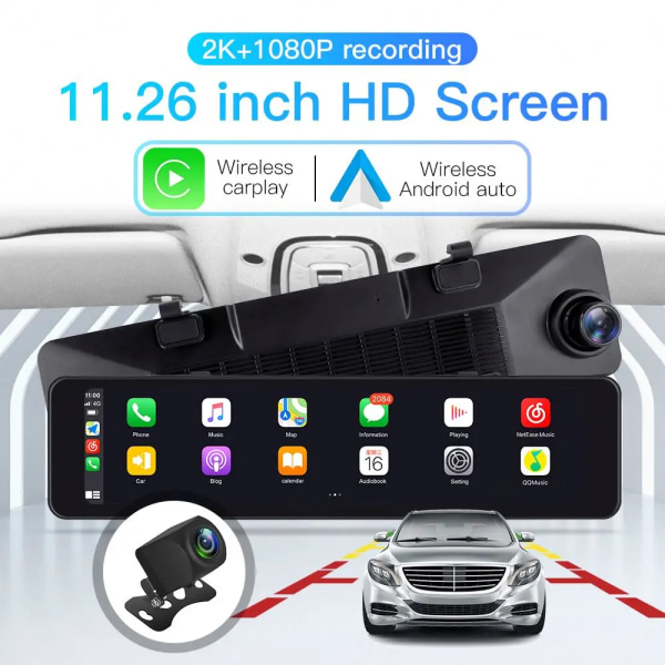 2 linser 11,26" pekskärm Bil Dvr Backspegel Dash Cam fram och bak Dubbla kamera för trådlös Carplay Android Auto WiFi FM WiFi version 128GB