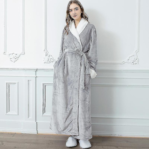 Dam & Herr Vinter Plus Size Flanellrock Extra Lång Huva Varm Morgonrock Par Tjock Kimono Badrock Man Morgonrock Robes Kvinna Grå XL women fur robe grey M