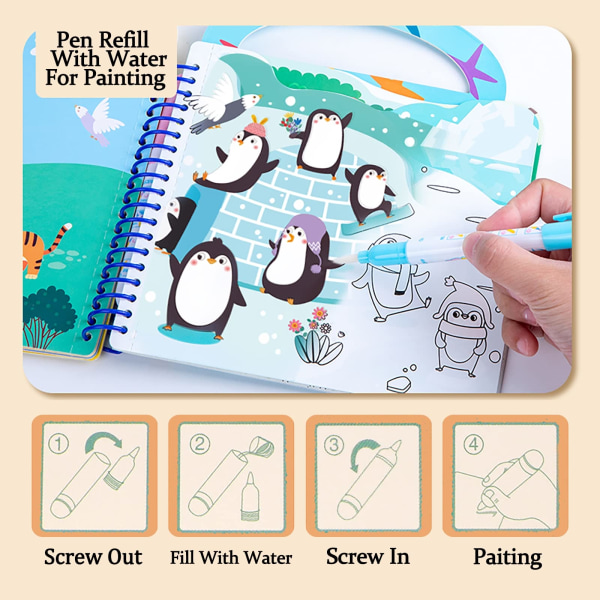 Målarbok för barn Vattenmålarbok Resor Pedagogiska leksaker Vattenritning klistermärke Bok-djur