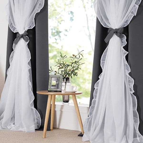 Dekorativa fönsterbehandlingar Dubbla gardiner Plisserade genomskinliga gardiner Rustik stil Design, B 132,88 x L 213,36 cm, Grå, 2 stycken