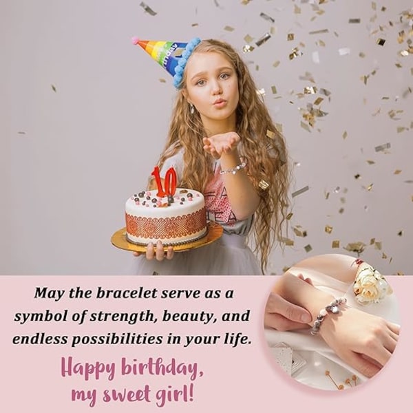 4-21 år gammal Födelsedagspresent till flicka, rosa zebra naturstensarmband med söthjärtad berlock och meddelandekort för dotter/barnbarn/systerdotter (14:e)