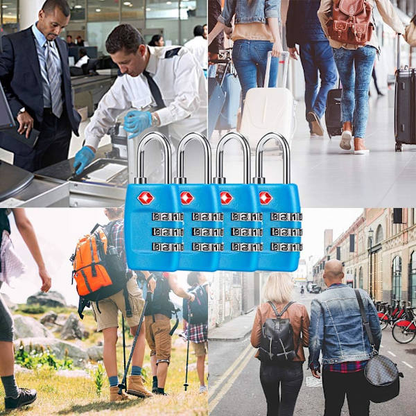 Bagagelås (4-pack) - 3-siffriga kombinationslås - Godkända reslås för resväskor och bagage (blå)