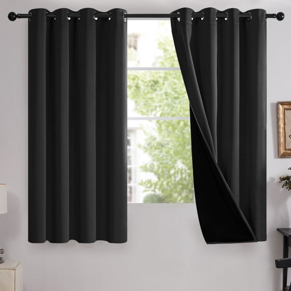 100 % Blackout Cordura svarta gardiner med baksida, thermal, akustiska gardiner för boende (B 52 x L 63 tum, svart)