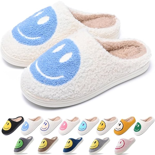 Söta leendetofflor för kvinnor män, mjuka plysch bekväma varma par slip-on hus glada ansikte tofflor preppy tofflor halkfria luddiga platta bilder（Storlek：5-6）