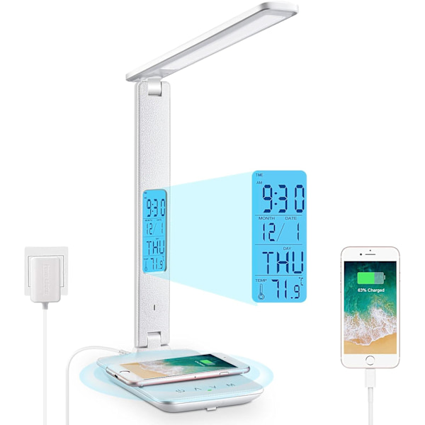 LED-skrivebordslampe med trådløs oplader, USB-opladningsport, justerbar sammenklappelig bordlampe med ur, alarm, dato, temperatur, 5-trins dæmpbar