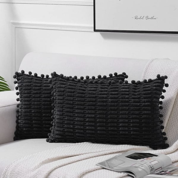 2 pack svart kuddfodral, 30x50 cm, med pompom, lämplig för soffa säng, vardagsrum, mjuk manchester, söt midjekuddfodral