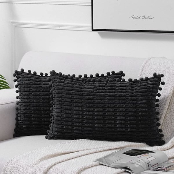 2 pakker med svart putetrekk, 12x20 tommer, med pompom, egnet for sofa seng, stue, myk kordfløyel, søtt midjeputetrekk, 30x50 cm