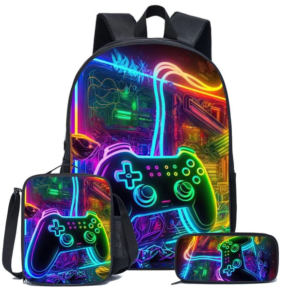 3-piece backpack for boys, with lunch bag and pencil case, gaming backpack for students