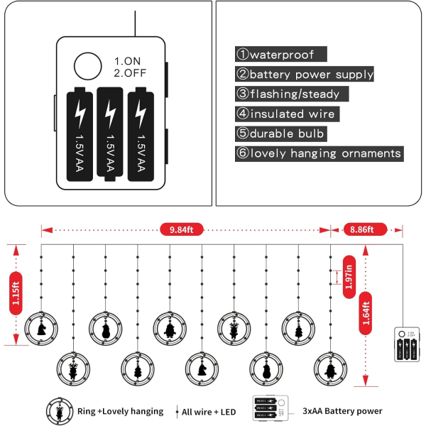 10 Trädljus 120 LED Juldekorationer Inomhus, Batteridrivna Julgransljus 9,84 fot Vattentät Slingljus (Varm Rund Lampa)