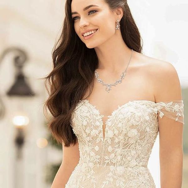 Blomsterblad Bröllop Smyckesset för Brud Brudtärna, Cubic Zirconia Tåardrop Elegant Vinranka Halsband Hängande Örhängen för Bröllop Bal Fest