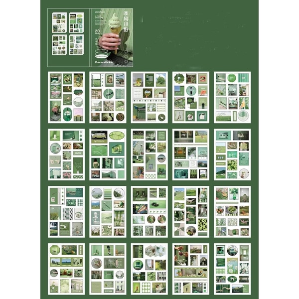 Små söta gröna handbokklistermärken, 20 ark självhäftande Washi-papper PVC-bokstav Naturplaner-dekaler Estetiska för konst Journalföring Hantverkspresenter