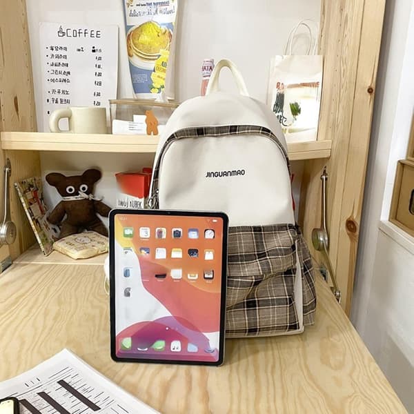 School Bag - Plaid Backpack with 1 Free Cute Panda Charm, (Beige)