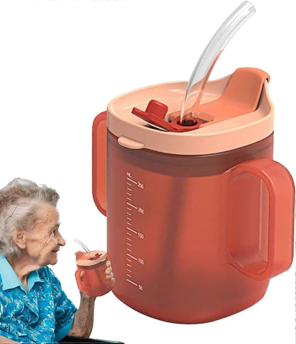 Sippy Cup for Adults for Elderly, Convalescent Feeding Cup Drinking Cup with Straw for Disabled Patients Spill-Proof Mama Cups with Handle O Orange 300ml