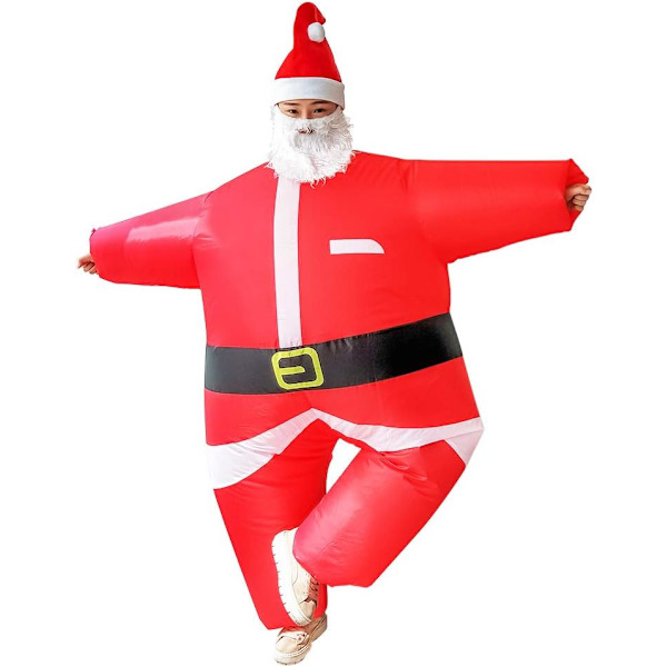 Uppblåsbar jultomtedräkt, unisex vuxenmaskeradkostym, cosplayfestlig kläder med skägghatt för vuxna (med fläkt)