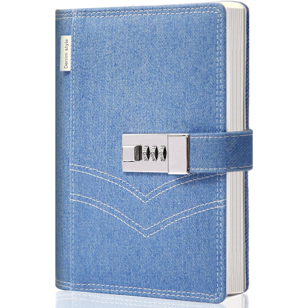 Denim Journal med lås för kvinnor, påfyllningsbar låsbar journal för vuxna B6 anteckningsbok med låskombination, 5,5 x 7,9 tum, blå