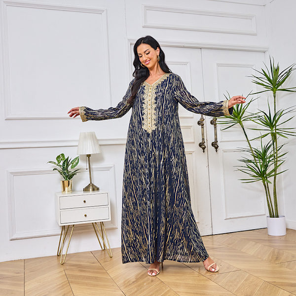 Damekjole V-hals slim fit bundstof varm stempling moderigtig high-end robe (Blå,XL) Blue XL